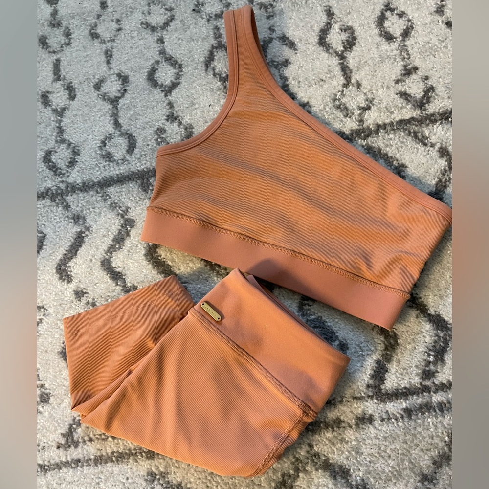L*Space Ribbed one shoulder top & biker shorts set. Putty color.